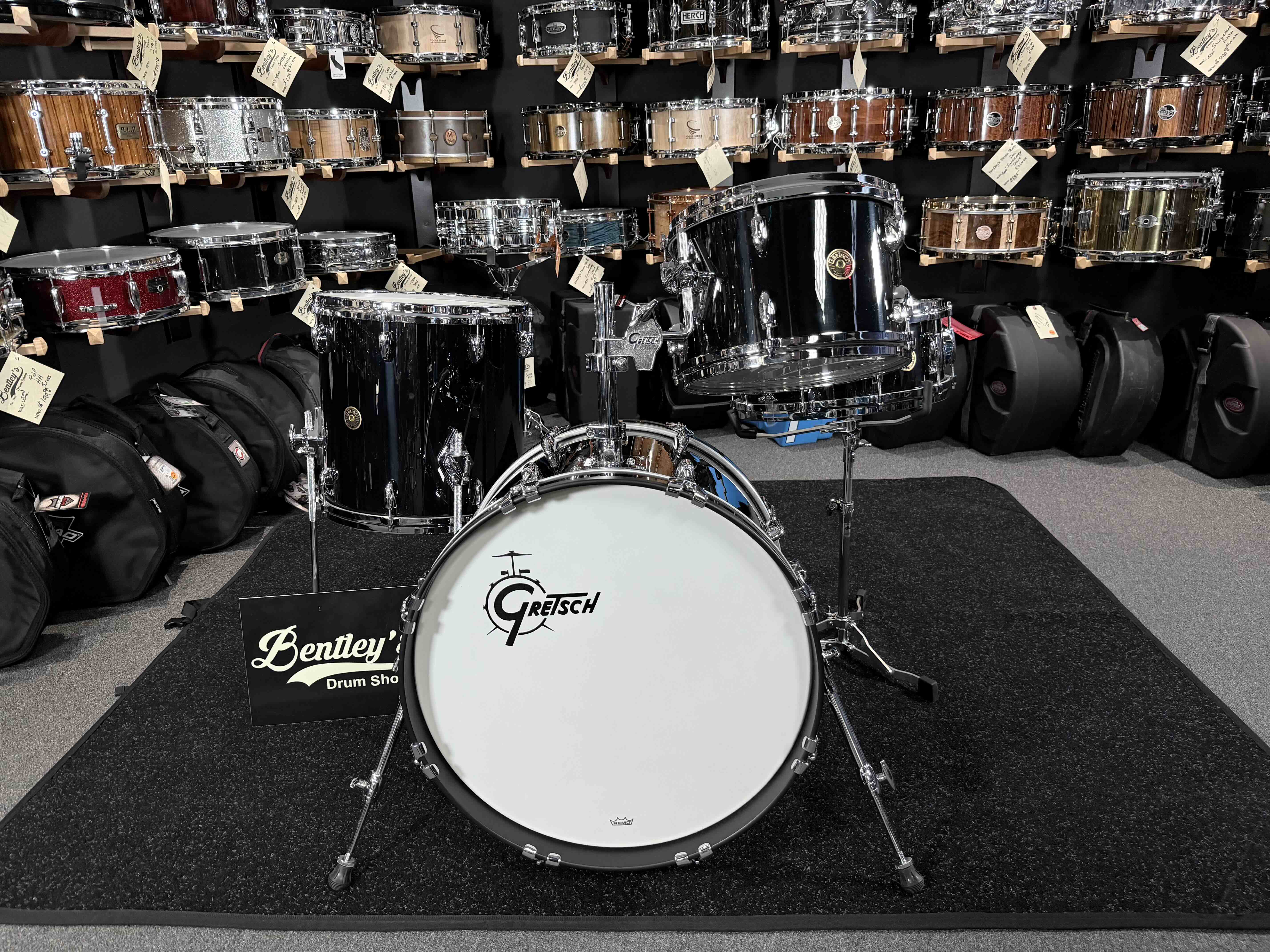 Gretsch USA Custom 4-Piece 12/14/20 Drum Kit Set in Solid Black Nitron w/ Matching 5.5x14 Snare Drum